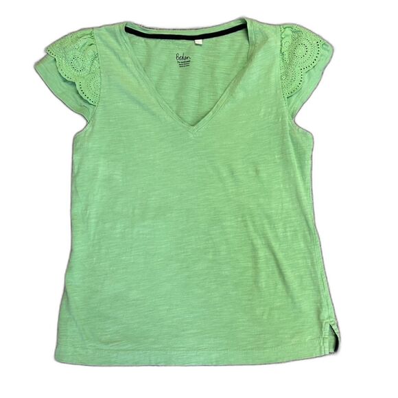 Boden Light Lime Green V-Neck Eyelet Lace Short Cap Sleeve T-Shirt Size S - Picture 1 of 15